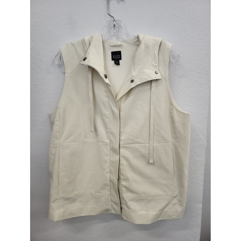 Eileen Fisher Cotton Blend Hooded Vest Jacket, Ivory Color, Size Petite Large